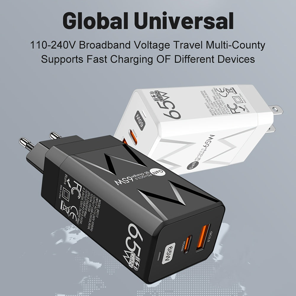 65W PD and 20W USB GaN Wall Charger EU Plug Fast Charging Portable Travel Power Adapter