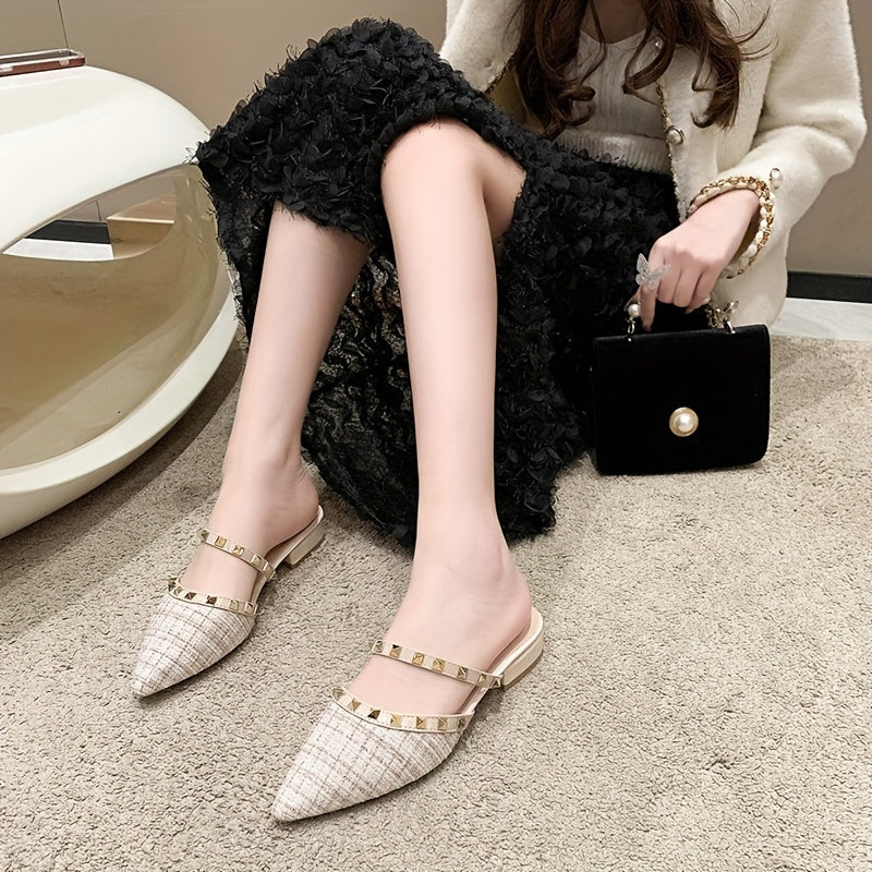 Women's Summer Striped Pointed Toe Sandals with Thick Heel and Slip-On Design