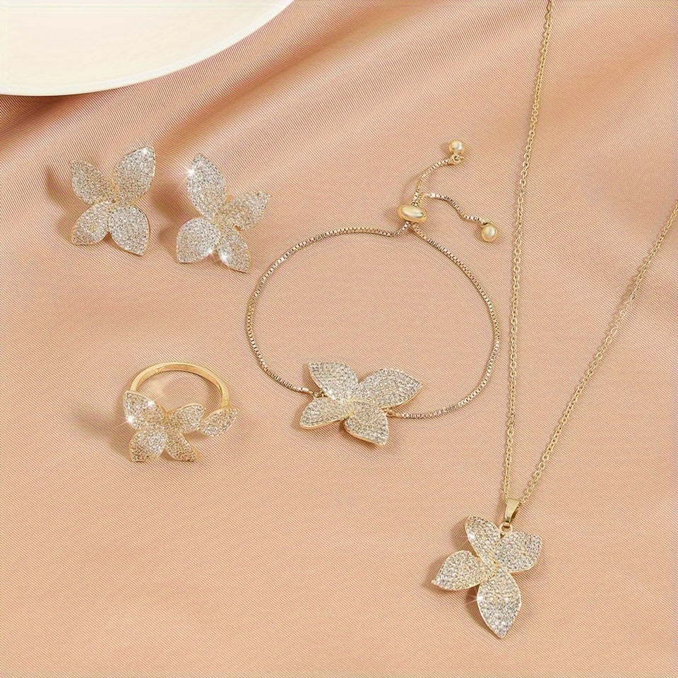 Women's Butterfly Jewelry Set Zirconia Copper Necklace Bracelet Ring Earrings Gift Boxed