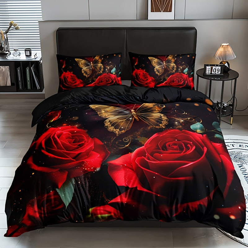 3-Piece Romantic Rose Butterfly 3D Duvet Cover Set with 2 Pillowcases Soft Breathable Polyester Bedding for Home Dorm Decor
