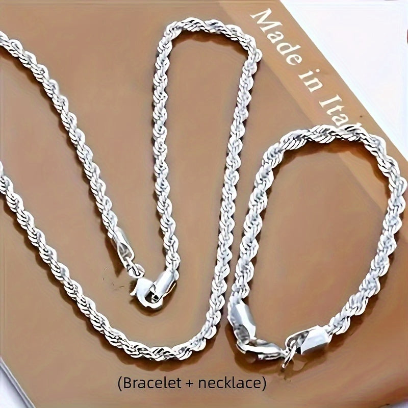 925 Silver Plated Twist Chain Set for Men and Women Necklace and Bracelet