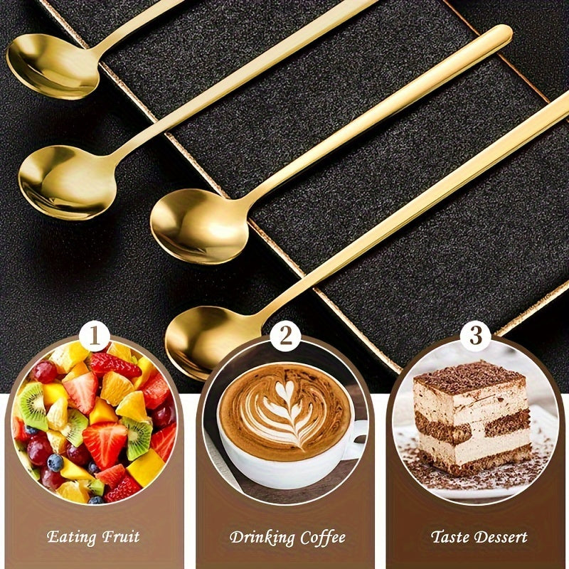 Set of 4 Stainless Steel Coffee Spoons with Long Handles, Golden Finish