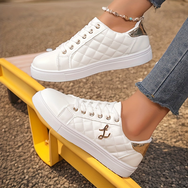 Women's White Lace-Up Sneakers Casual Low Tops Durable Rubber Sole