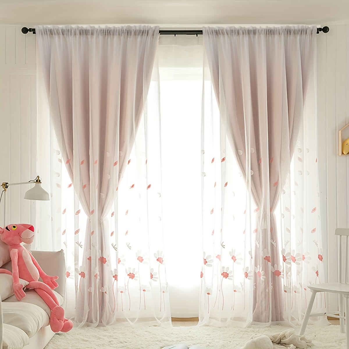 Simple Animal Embroidery Tulle Curtain for Living Room Window Sheer Decor