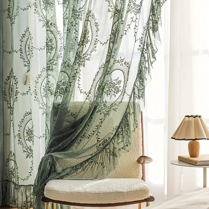 Green Floral Embroidery Sheer Short Curtain for Bedroom Living Room Kitchen