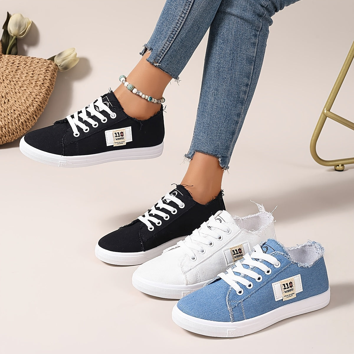 Women's Casual Fabric Flat Lace-Up Sneakers for School and Everyday Use