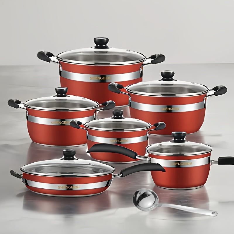 Qizil zanglamas po'latdan yasalgan 13 dona idish-to'plam - Barcha plitalar uchun yopishqoq va issiqqa chidamli idishlar - Qovurish panasi, sosli idish va katta idish bilan to'liq - Sizning oshxonangizga zarur, mustahkam va ko'p funksiyali qo'shimcha