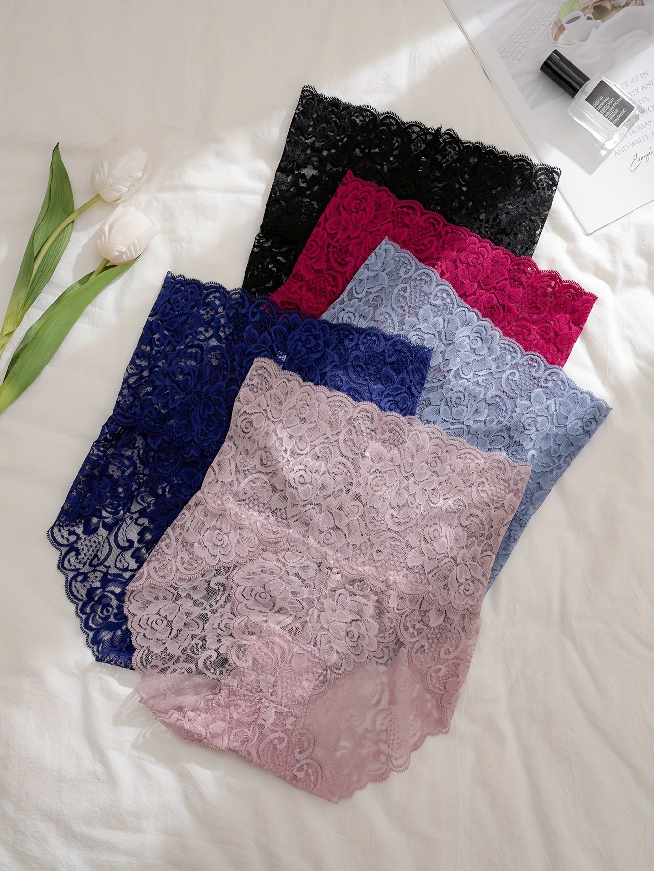 Women's High Waist Floral Lace Briefs Set of 5 Breathable Seamless Panties for Women