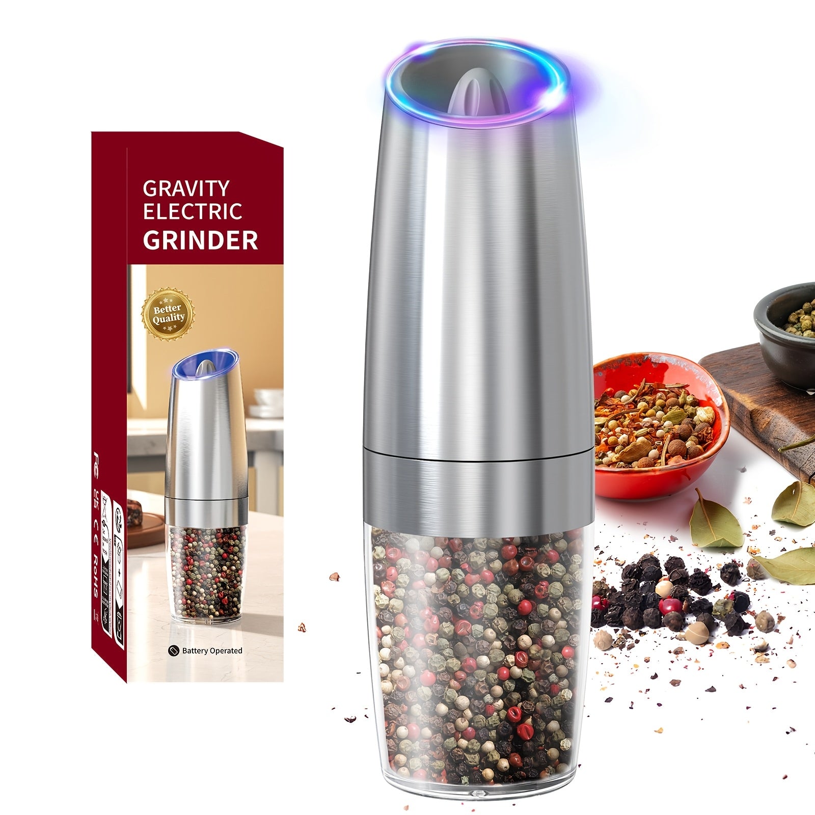 Juego de molinillo de gravedad de acero inoxidable de 2 piezas con molinillo eléctrico de sal y pimienta ajustable