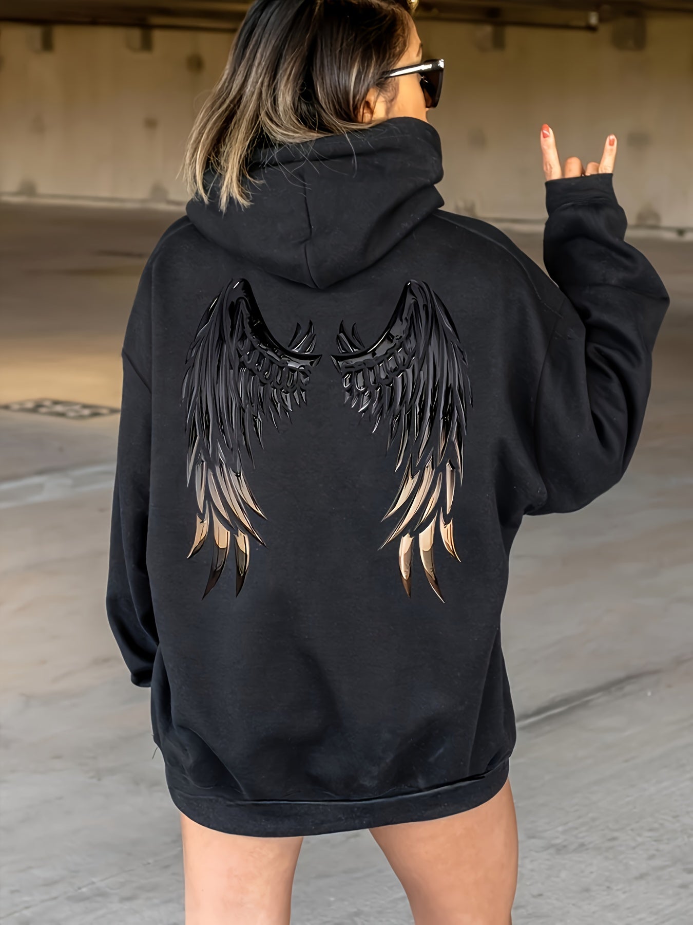 Plus Size Wings Print Drawstring Hoodie Casual Long Sleeve Winter Women