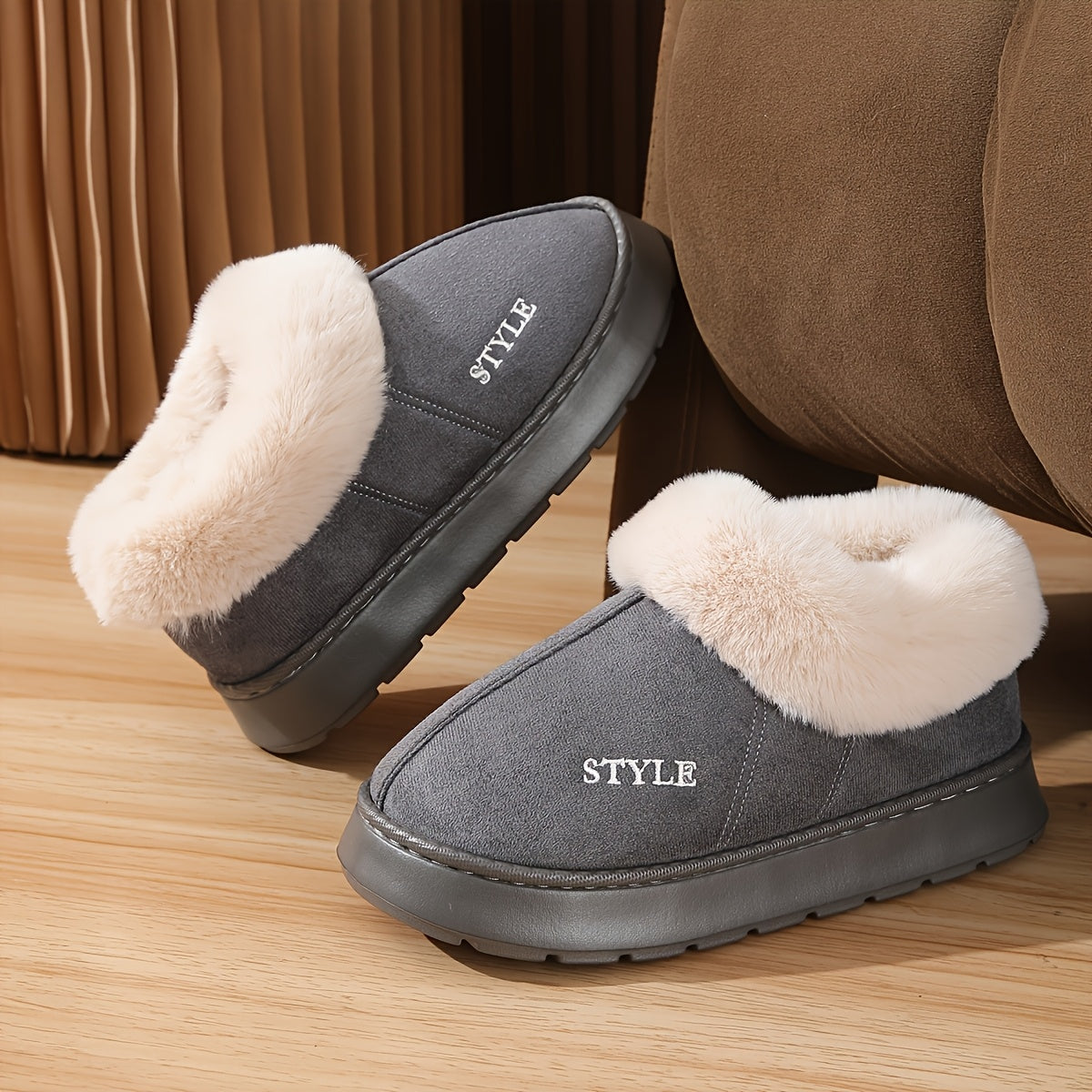 Women's Fleece Lined Winter Shoes Indoor Outdoor Flats Grey Beige Black Brown