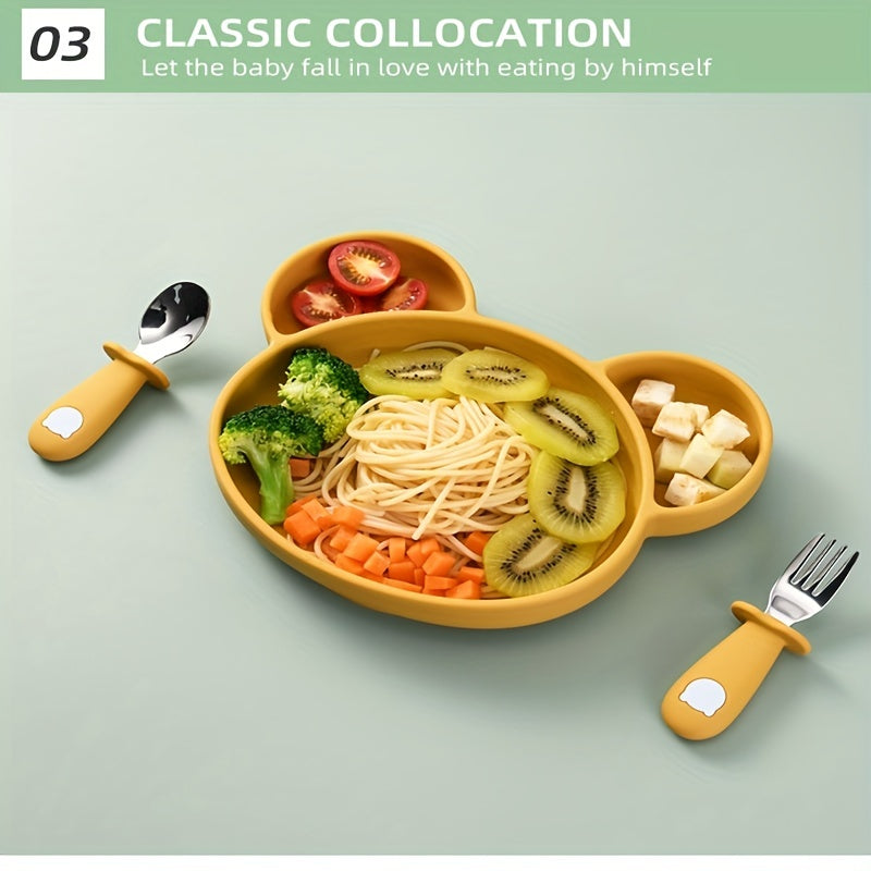 Bola va kichkina bolalar uchun idishlar to'plami, silikon Panda tutqichli zanglamaydigan po'latdan yasalgan vilka va qoshiq