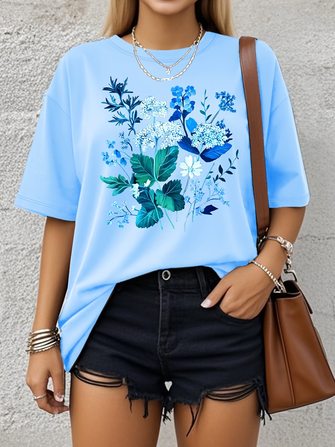 Women's Floral Print T-Shirt Soft Stretchy Loose Fit Casual Top for Spring Summer