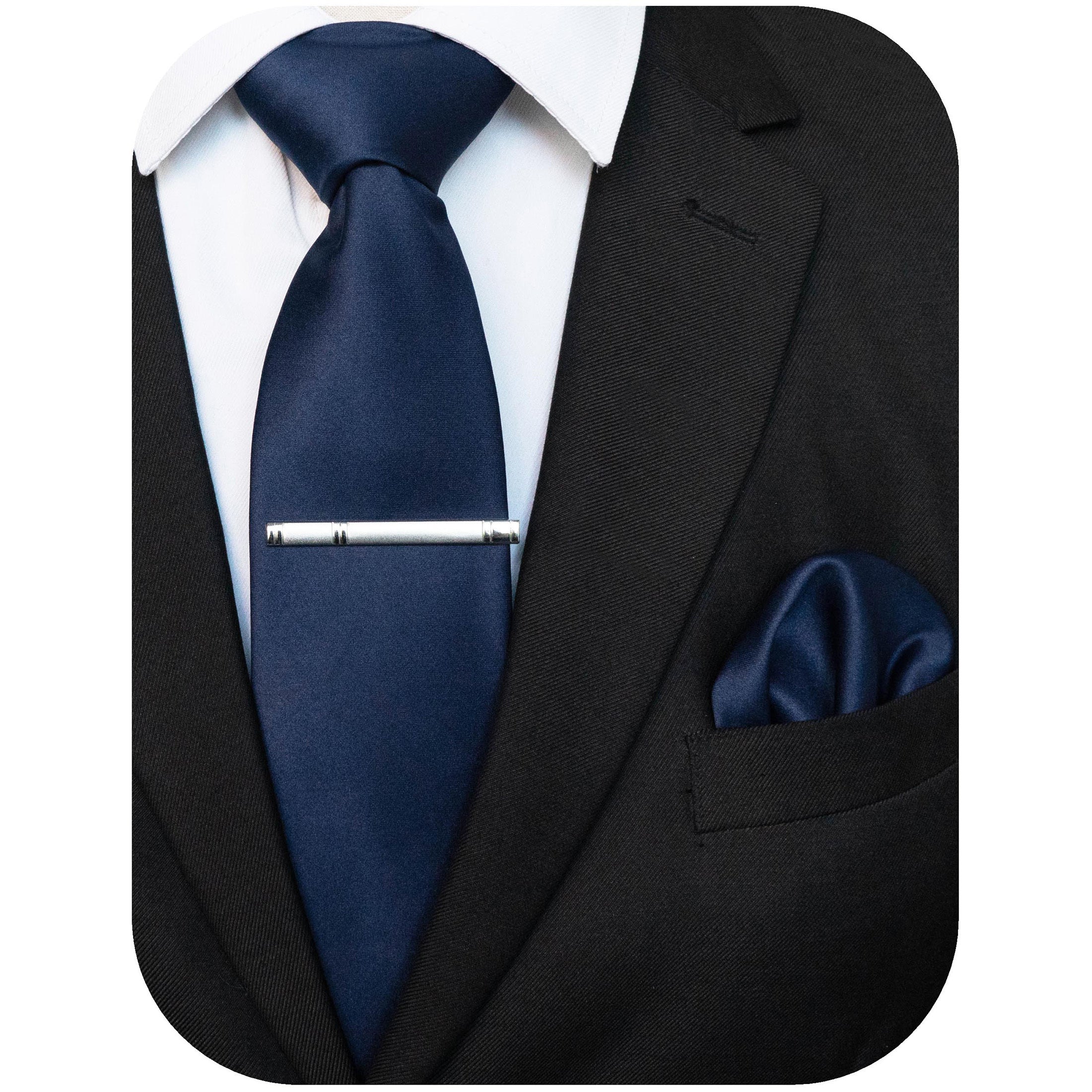 Men's Solid Color Tie and Pocket Square Set with Tie Clip for Business and Wedding