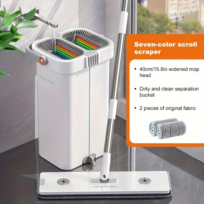 7-Color Flat Mop and Bucket Set with Reusable Pads and Hands-Free Washing