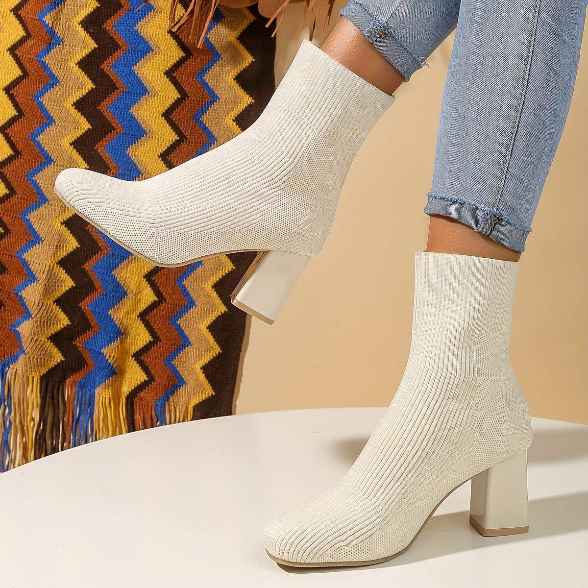 Women's Solid Color Slip On Casual Chunky Heel Mid Calf Boots