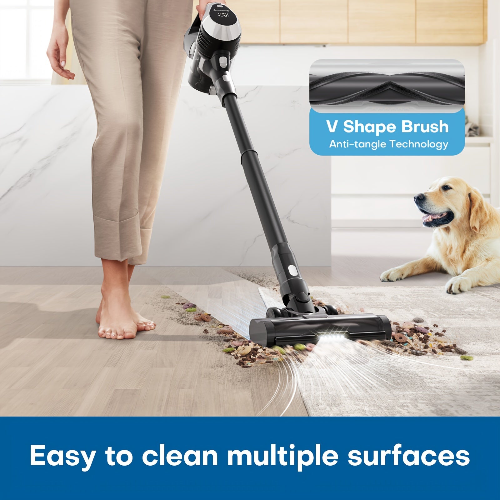 Cordless Vacuum Cleaner with LED Display Anti-Tangle Brush Powerful Suction for Pet Hair Hardwood Floors and Carpets
