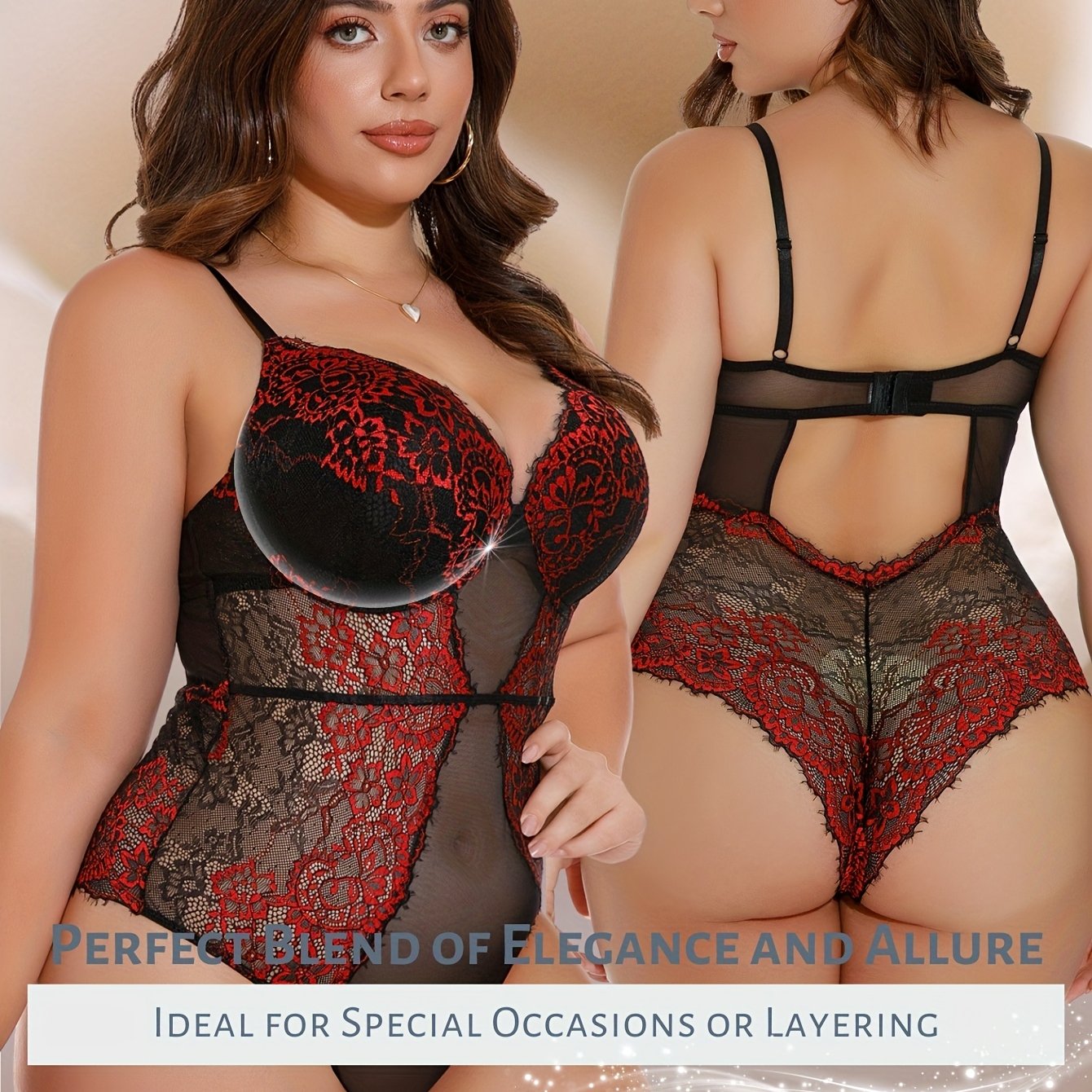 Plus-Size Women's Breathable Lace Mesh Jumpsuit with Color-Block Pattern