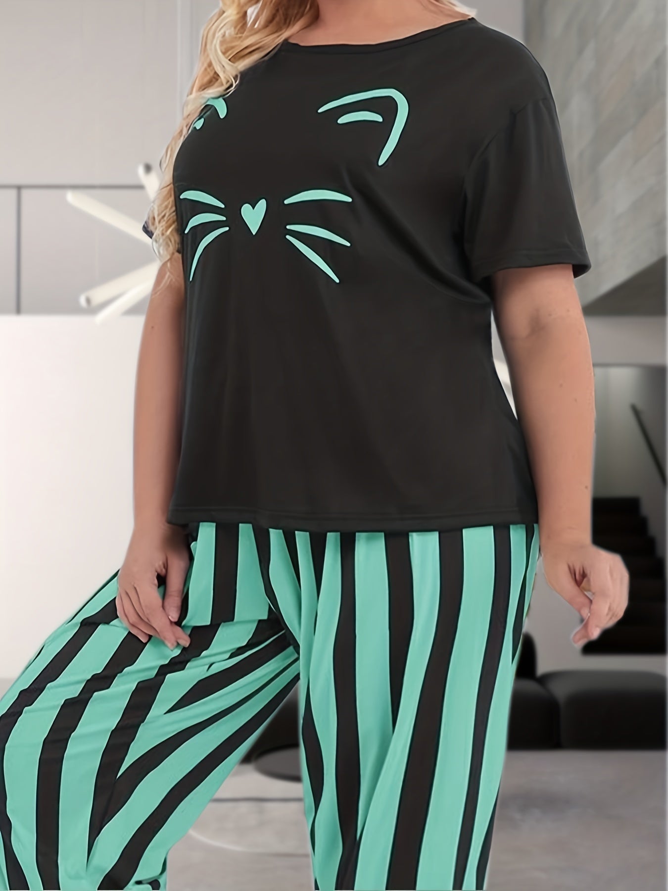 Plus Size Women's Pajama Set Cat Print Short Sleeve Top and Striped Pants