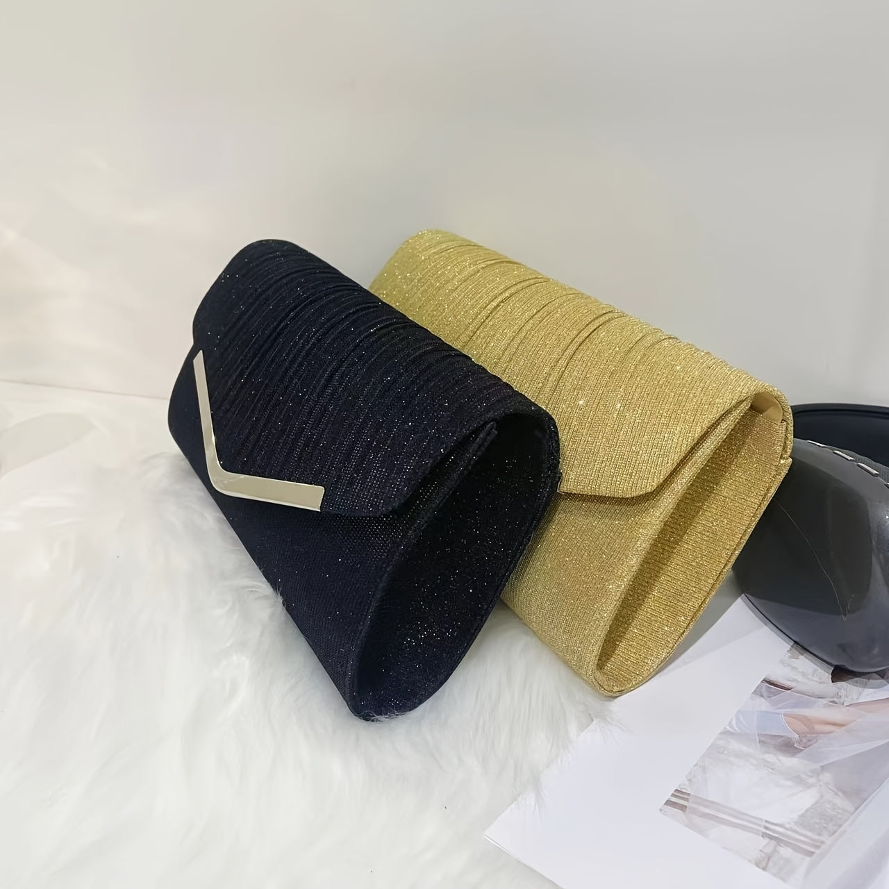 Women's Glitter Fabric Envelope Clutch Bag with Removable Strap for Weddings and Parties