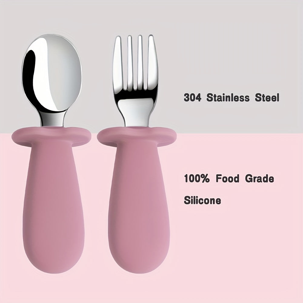 Kids Mealtime Set BPA-Free Silicone Spoon Fork Stainless Steel Personalizable Gift