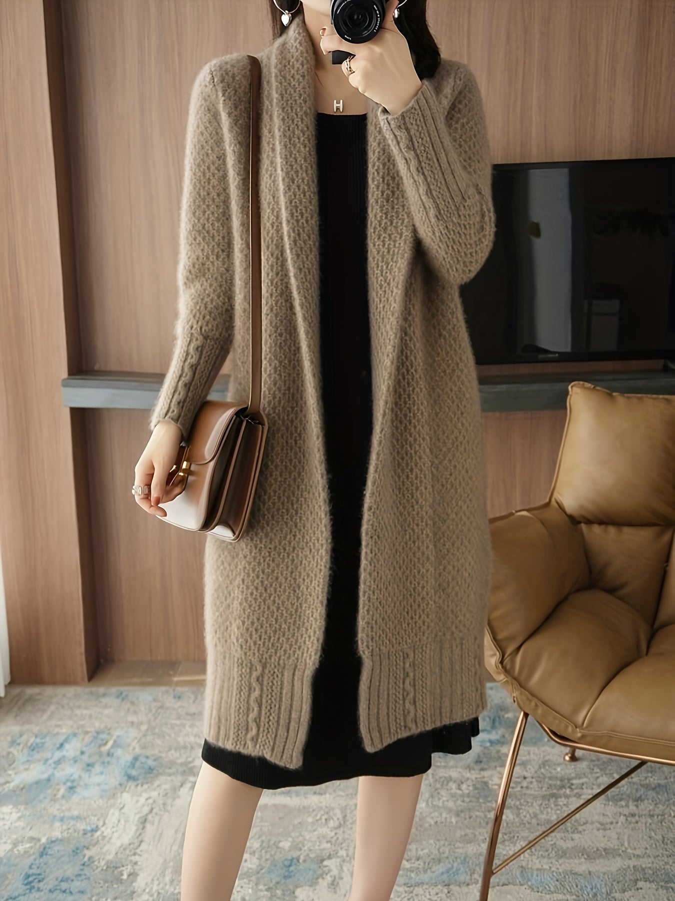 Women's Long Cardigan Sweater Knit Fabric Over-the-Knee Solid Color Autumn Winter