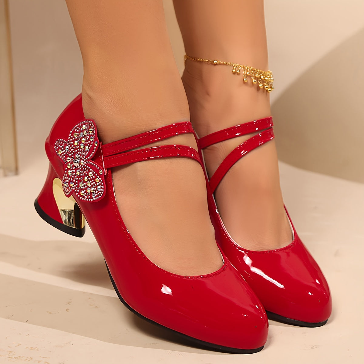 Women's Low-Top Pumps Black Red Rhinestone Butterfly Chunky Heel