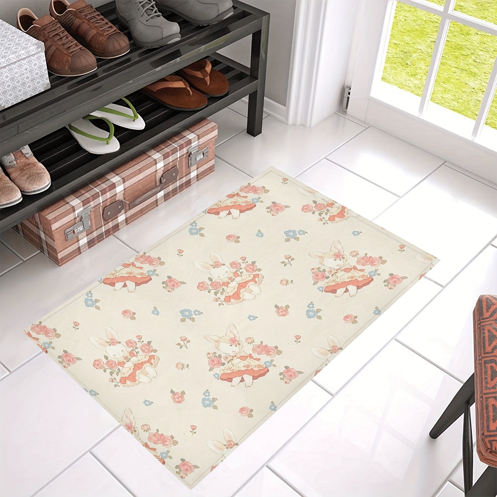 Rabbit and Floral Design Kitchen Floor Mat 76cm x 46cm Non-Slip Comfortable
