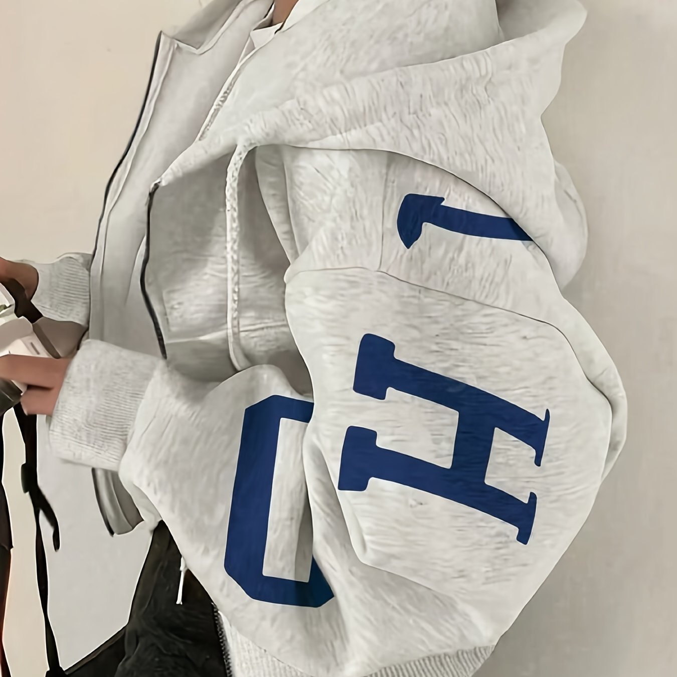Women's Light Gray Zip-Up Hoodie with Blue Letter Print Y2K Style Casual Knit Fabric