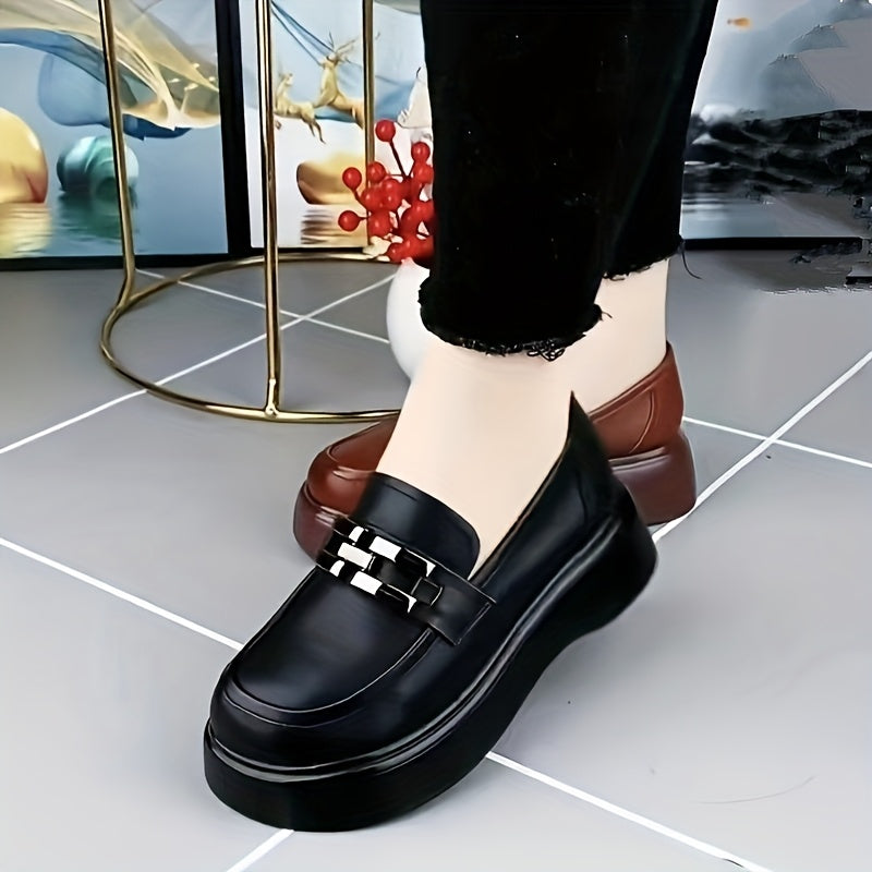 Women's Black Platform Loafers Round Toe Chunky Heel Casual Shoes