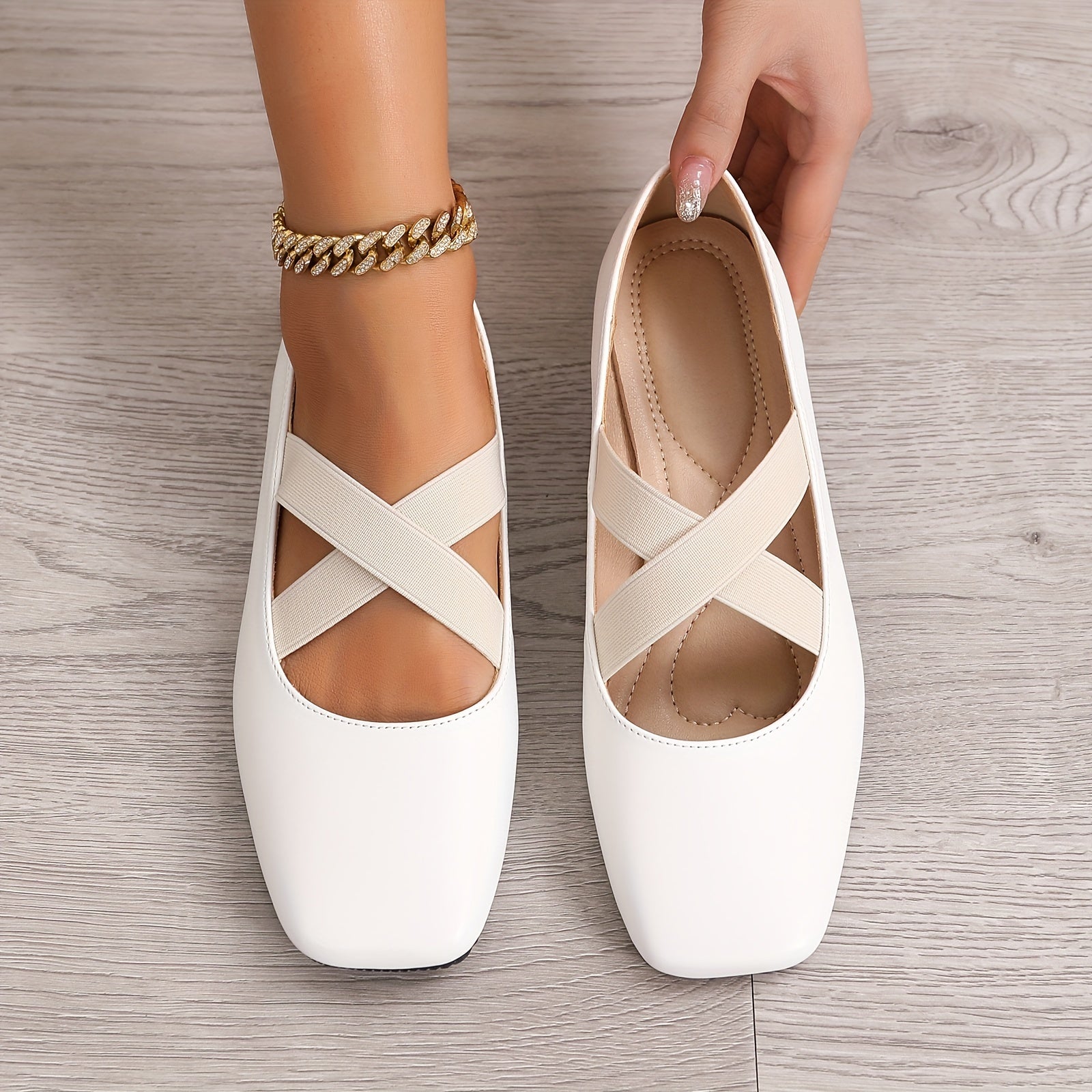 Zapatos planos de punta cuadrada para mujer, bailarinas slip-on con correas elásticas
