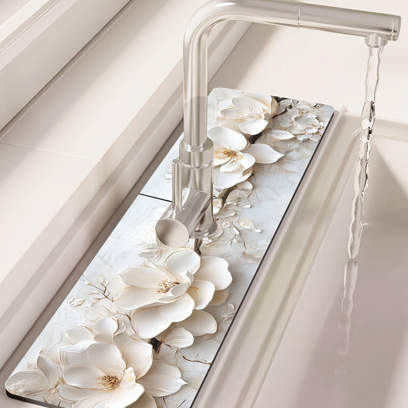 3D Floral Faucet Mat White Moisture-Proof Polyester with Suction Cup