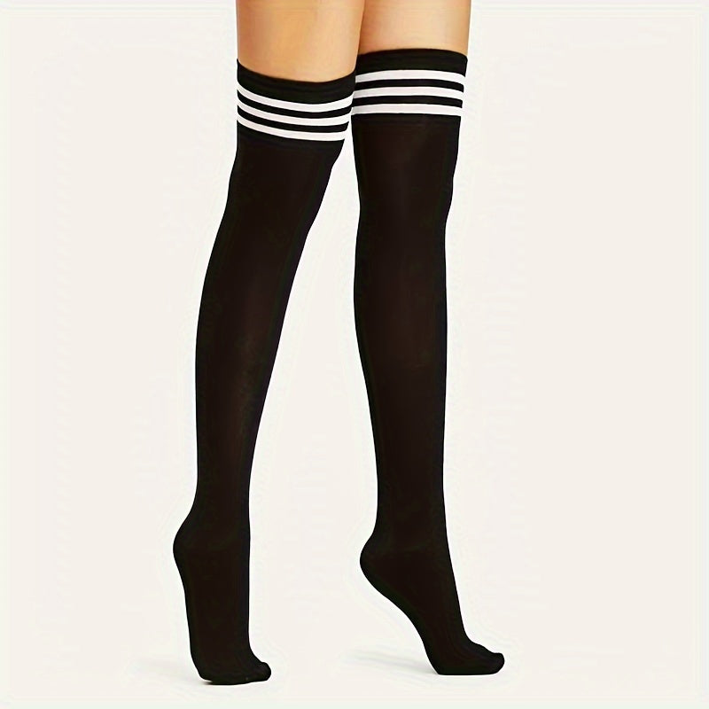 Women Black and White Knit Knee-High Socks with Three Stripes, 2 Pairs