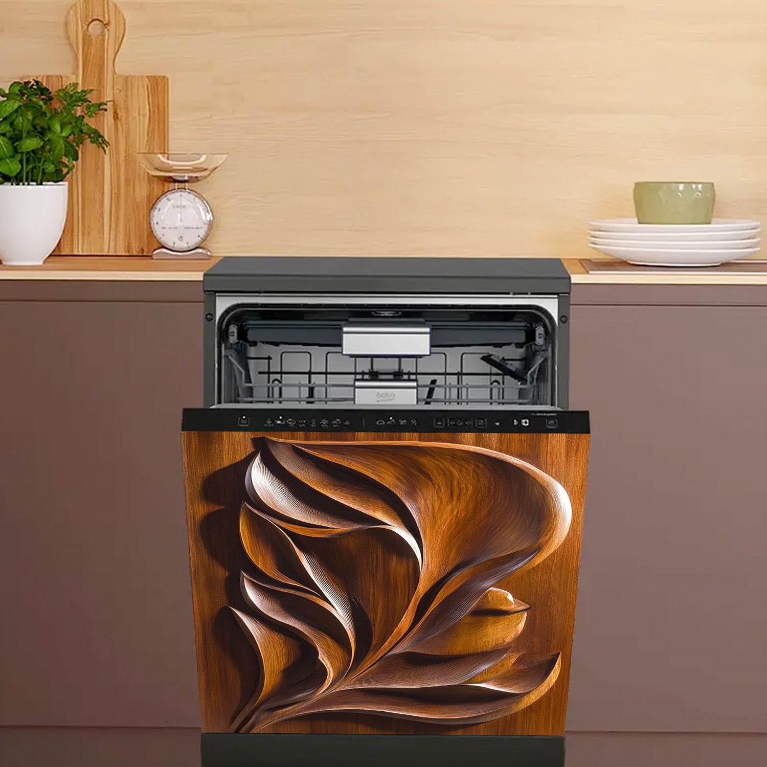 Yog'och barg dizayni dishwasher magnit qopqog'i, suv o'tkazmaydigan, issiqlikka chidamli metall panel stiker