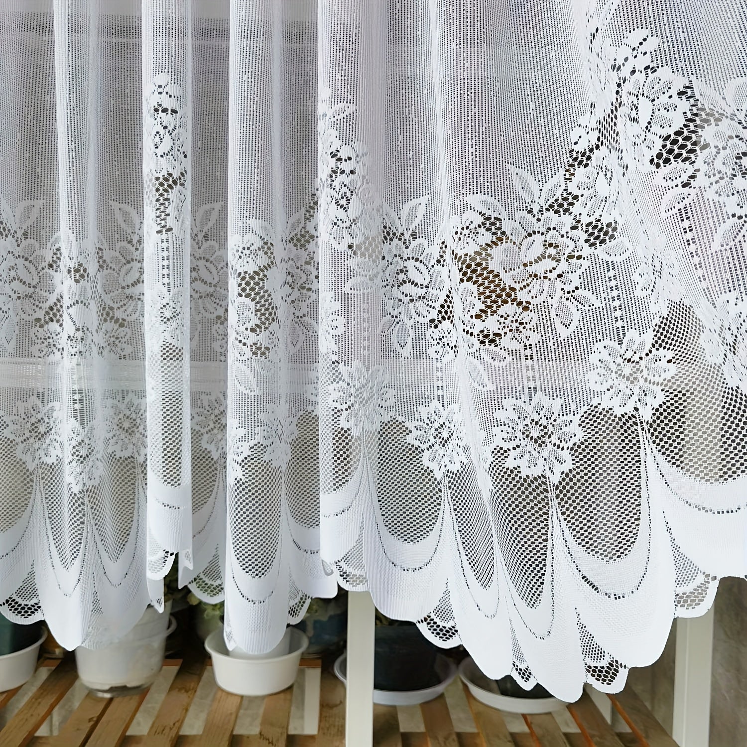 White Lace Sheer Curtain with Floral Pattern, Rod Pocket, Scalloped Bottom