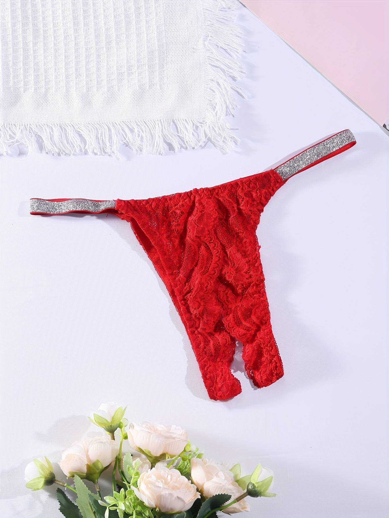Women's Solid Color Knit Fabric Thong Lingerie with Lace Panel and Sheer Design