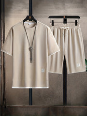 Camiseta de cuello redondo con patrón de cuadrícula de waffle para hombre, conjunto deportivo casual de dos piezas, transpirable, poliéster