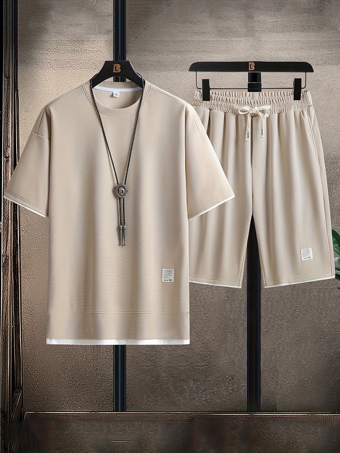 Camiseta de cuello redondo con patrón de cuadrícula de waffle para hombre, conjunto deportivo casual de dos piezas, transpirable, poliéster