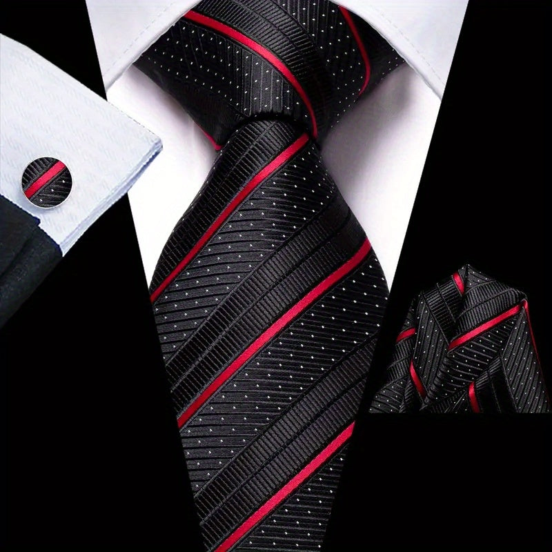 Men's Striped Necktie Cufflink Handkerchief Set for Business and Gifting