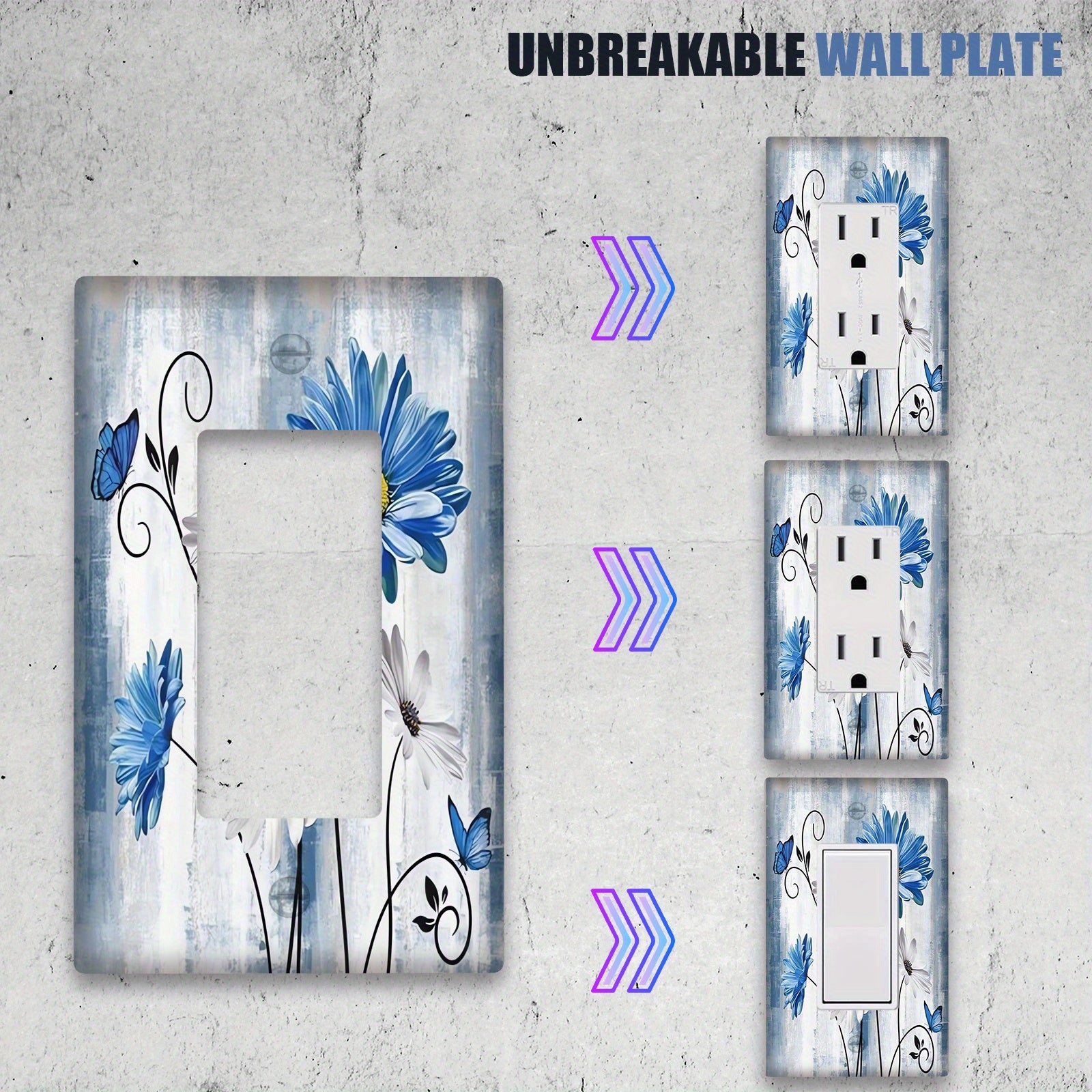 Placa de pared floral Blue Daisy para decoración de dormitorio estilo granja. Compatible con 1 o 2 tomas de corriente