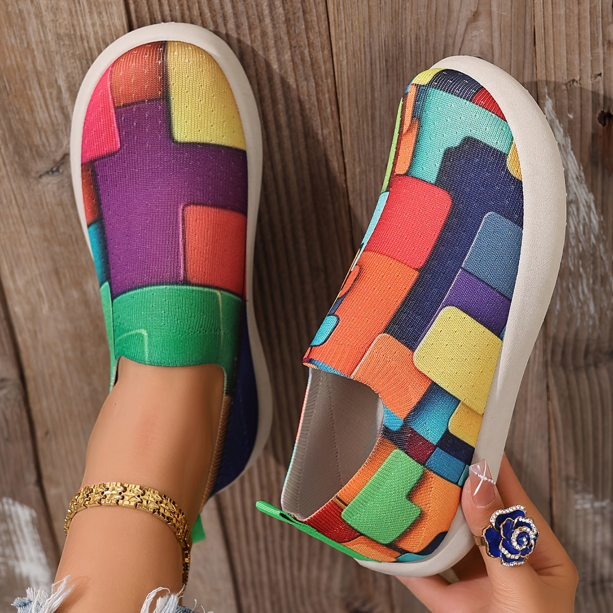 Zapatillas slip-on coloridas con diseño geométrico para mujer, transpirables y casuales