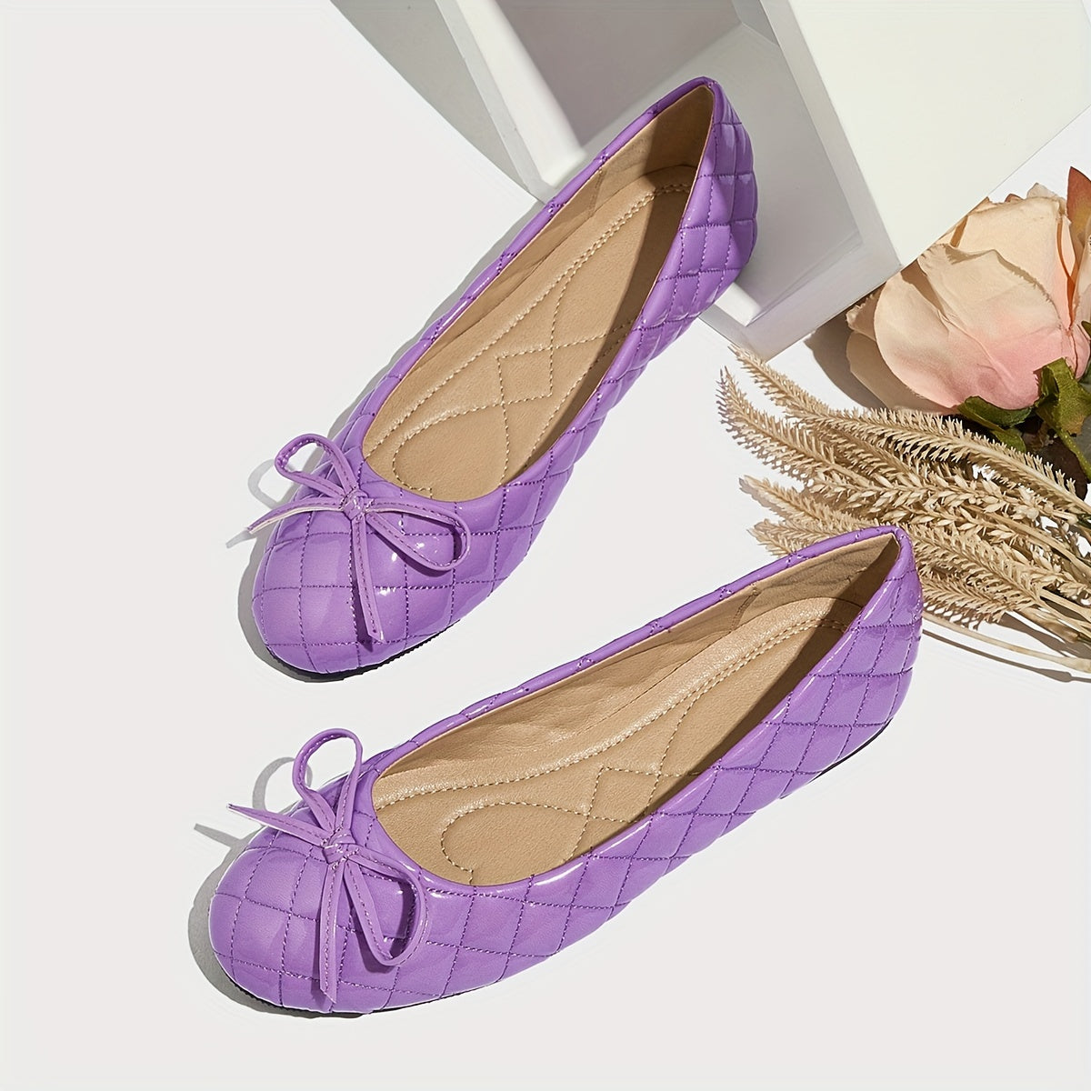 Women's Quilted Ballet Flats with Round Toe and Ankle Tie