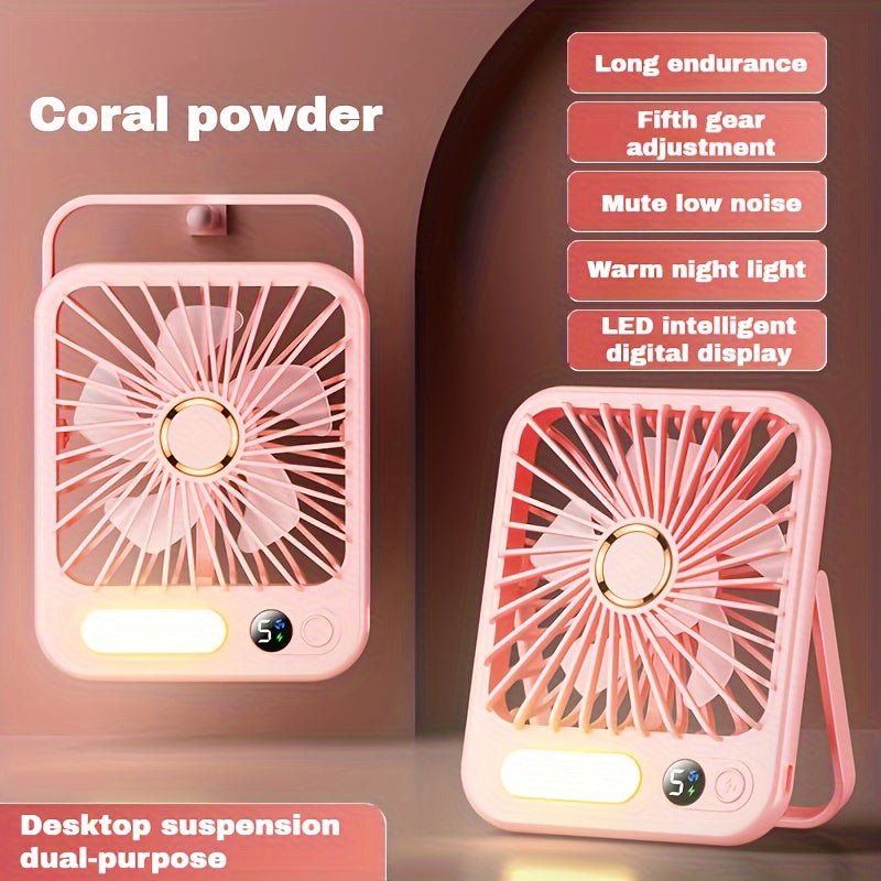 Портативный настольный вентилятор с элегантным белым дизайном, складной на 180°, 5 скоростей, перезаряжаемая батарея, светодиодная ночная лампа, цифровой дисплей - USB питание, долговечная литиевая батарея для дома, офиса, спальни, путешествий, кемпинга.
