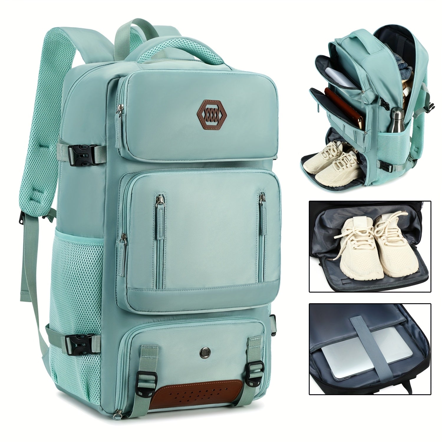 Light Blue Travel Backpack with 43.94cm Laptop Compartment Shoe Pocket Mesh Ventilation