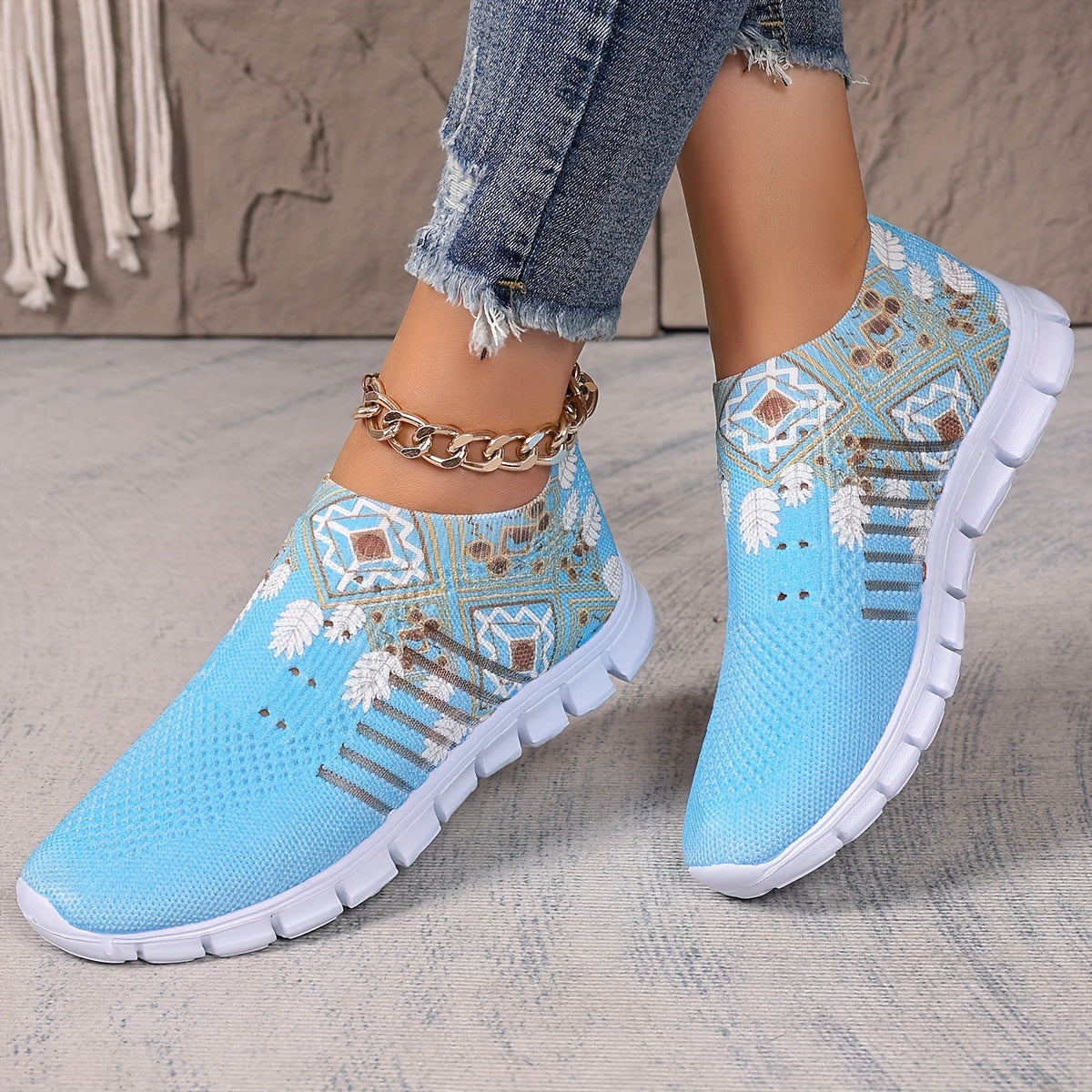 Women's Blue Knit Fabric Slip-On Sneakers with White Floral Patterns and EVA Sole