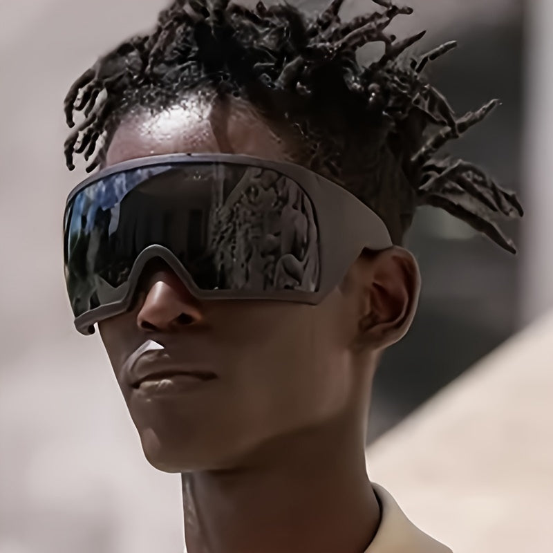 Erkaklar uchun futuristik atrofga o‘raladigan quyosh ko‘zoynaklari, katta egilgan linzali