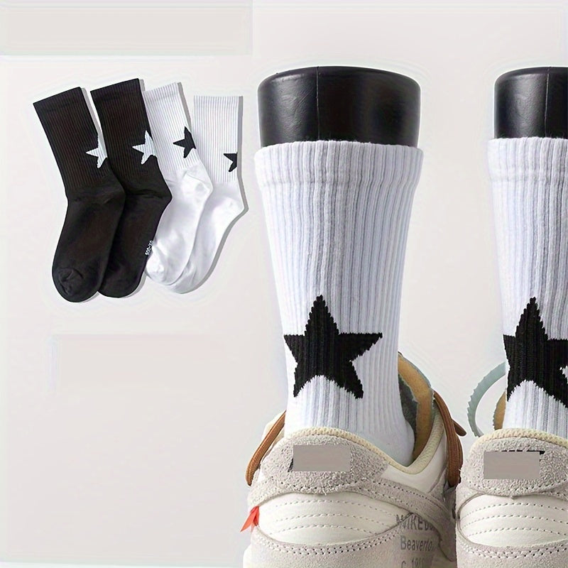 Men's and Women's Geometric Pattern Crew Socks 2-3 Pairs Breathable Polyester Spandex Black White