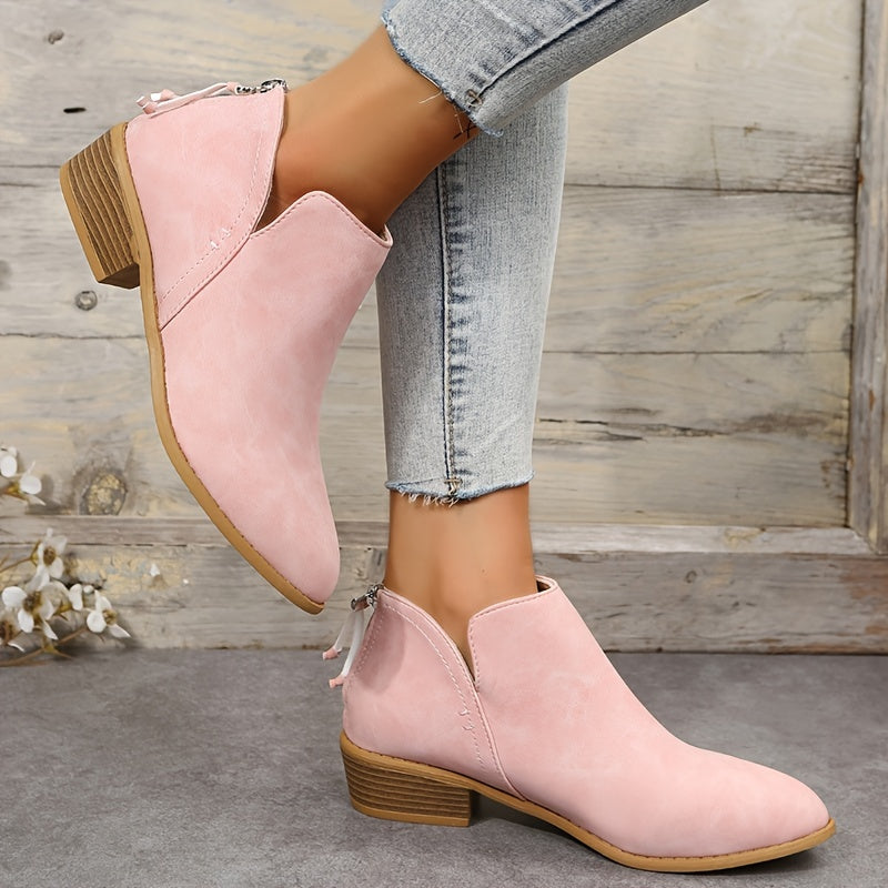 Women's Ankle Chunky Heel Boots Solid Color Pointed Toe Slip-On Low Heel