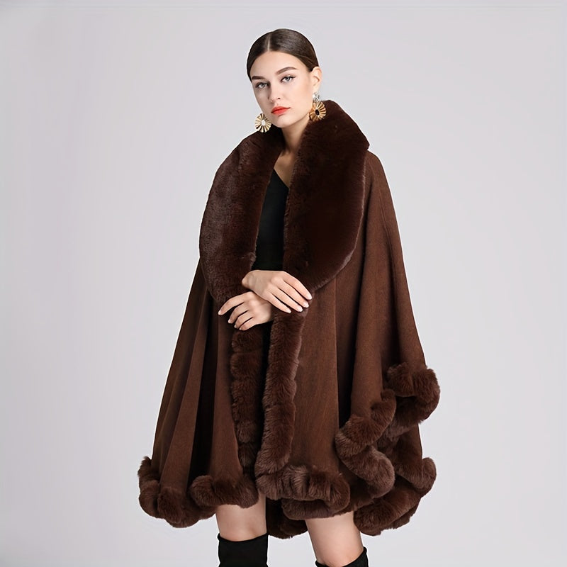 Women’s Warm Oversized Faux Fur Collar Cardigan Cape Autumn Winter Windproof Shawl