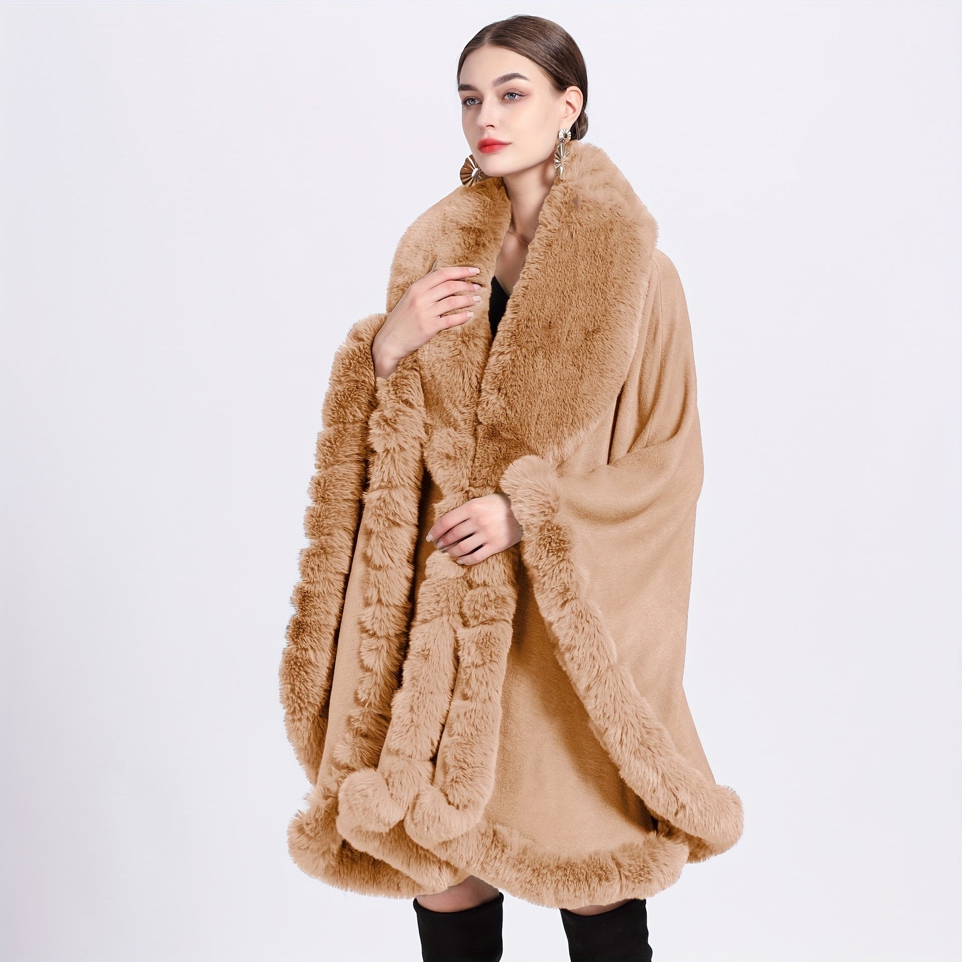 Women’s Warm Oversized Faux Fur Collar Cardigan Cape Autumn Winter Windproof Shawl